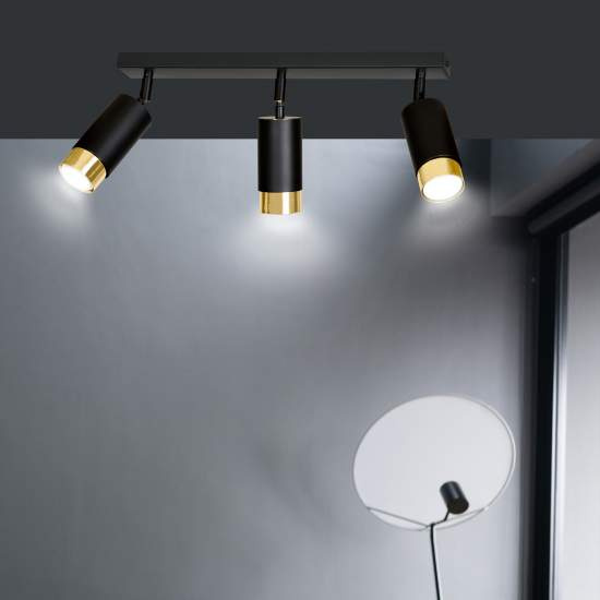 Plafoniera 3 Luci A Faretti Orientabili A Cilindro In Acciaio Nero E Oro LA0174-EB-PL3-NR-OR
