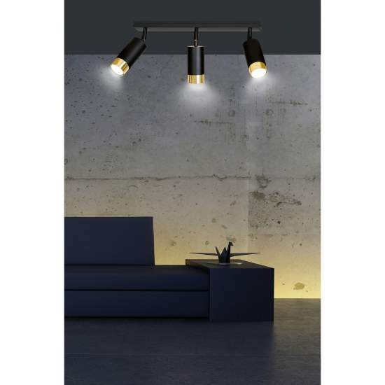 Plafoniera 3 Luci A Faretti Orientabili A Cilindro In Acciaio Nero E Oro LA0174-EB-PL3-NR-OR
