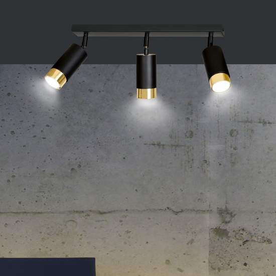 Plafoniera 3 Luci A Faretti Orientabili A Cilindro In Acciaio Nero E Oro LA0174-EB-PL3-NR-OR