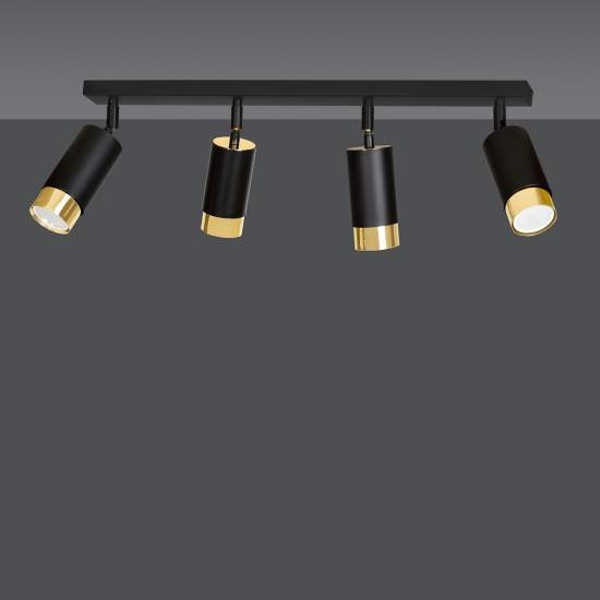 Plafoniera 4 Luci A Faretti Orientabili A Cilindro In Acciaio Nero E Oro LA0174-EB-PL4-NR-OR