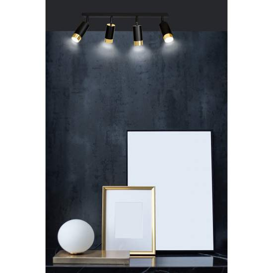 Plafoniera 4 Luci A Faretti Orientabili A Cilindro In Acciaio Nero E Oro LA0174-EB-PL4-NR-OR