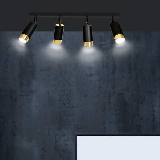 Plafoniera 4 Luci A Faretti Orientabili A Cilindro In Acciaio Nero E Oro LA0174-EB-PL4-NR-OR