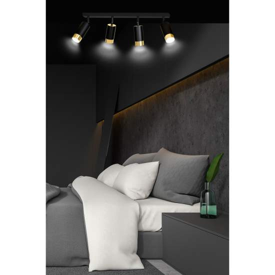 Plafoniera 4 Luci A Faretti Orientabili A Cilindro In Acciaio Nero E Oro LA0174-EB-PL4-NR-OR