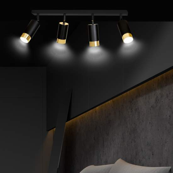 Plafoniera 4 Luci A Faretti Orientabili A Cilindro In Acciaio Nero E Oro LA0174-EB-PL4-NR-OR