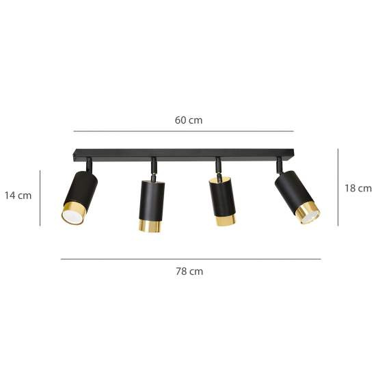 Plafoniera 4 Luci A Faretti Orientabili A Cilindro In Acciaio Nero E Oro LA0174-EB-PL4-NR-OR