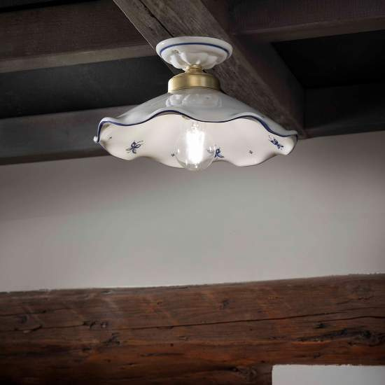 Plafoniera Classica Belluno Ceramica E Ottone Decorato Filo Blu 1 Luce E27 C033-OS-38-DEC-SOB