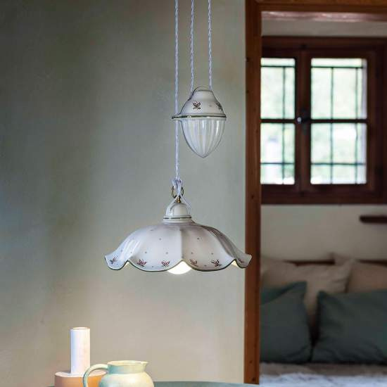 Lampadario Saliscendi Classico Belluno Ceramica E Ottone Decorato 1 Luce E27 C064-OS-33-DEC-SOO