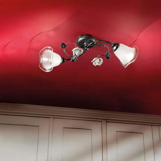 Plafoniera Classica Siena Metallo E Ceramica Nero Sfumato Argento 2 Luci E14 C1184-2-NA-02