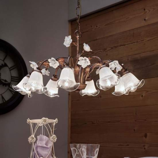 Lampadario Classico Siena Metallo E Ceramica Ruggine Decorato Lucido 8 Luce E14 C1185-8-RU-02