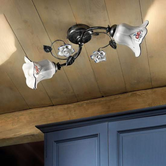 Plafoniera Classica Pisa Metallo E Ceramica Nero Sfumato Argento 2 Luci E14 C1204-2-NA-17-DEC-PEO