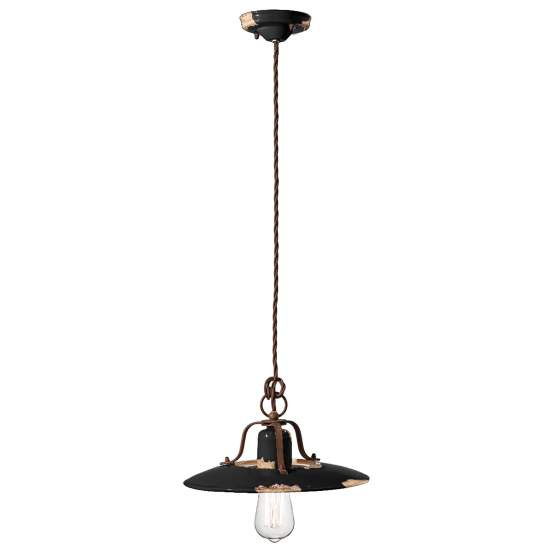 Lampadario Vintage Country Ferro E Ceramica Nero 1 Luce E27 30Cm C1442-VIN