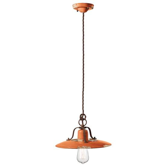 Lampadario Vintage Country Ferro E Ceramica Arancio 1 Luce E27 30Cm C1442-VIO