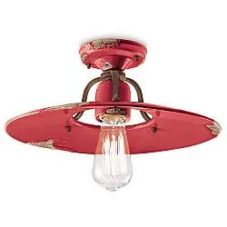 Plafoniera Vintage Country Ferro E Ceramica Rosso 1 Luce E27
