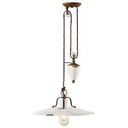 Lampadario Vintage Country Saliscendi Ferro E Ceramica Bianco 1 Luce E27