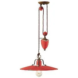 Lampadario Vintage Country Saliscendi Ferro E Ceramica Rosso 1 Luce E27