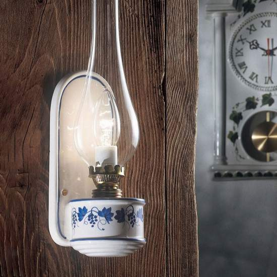Applique Classica Pompei Ceramica E Ottone Satinato Decorato 1 Luce E14 C146-OS-08-DEC-LOB