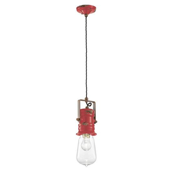 Lampadario Industrial Urban Ferro E Ceramica Vintage Rosso 1 Luce E27 37Cm C1740-VIR