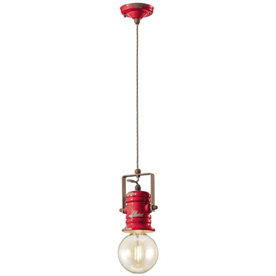 Lampadario Industrial Urban Ferro E Ceramica Vintage Rosso 1 Luce E27 19Cm C1840-VIR