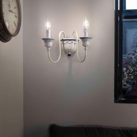 Applique Classica Sanremo Metallo E Ceramica Bianco Sfumato Argento 2 Luci E14 C271-BA-27-DEC-RMB