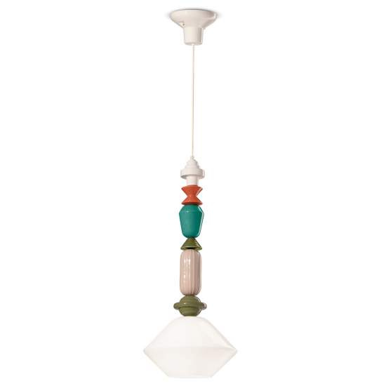 Sospensione Media Vintage Decò Lariat Ceramica Bianco Latte 1 Luce E27 C2711-BLT
