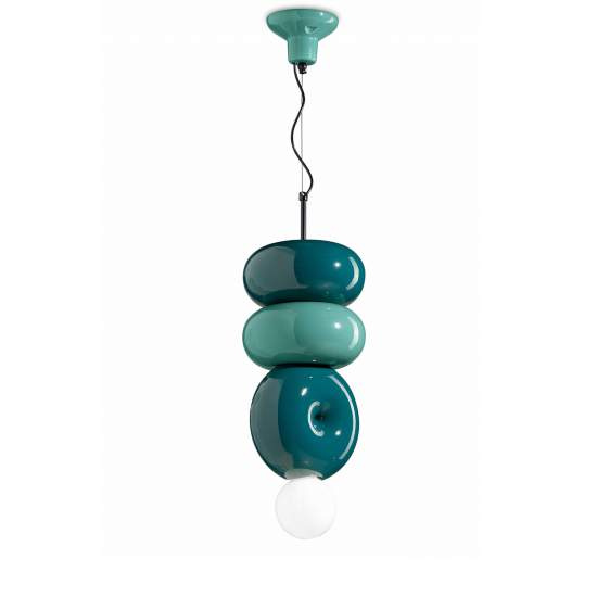Sospensione Vintage Decò Bumbum 2+1 Elementi Ceramica Turchese Verde 1 Luce E27 C2763-MIX