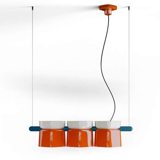 Lampadario Decò Yakitori Ceramica Bianco Arancio Volpe Metallo Blu 3 Luci E27 C2790-5AV