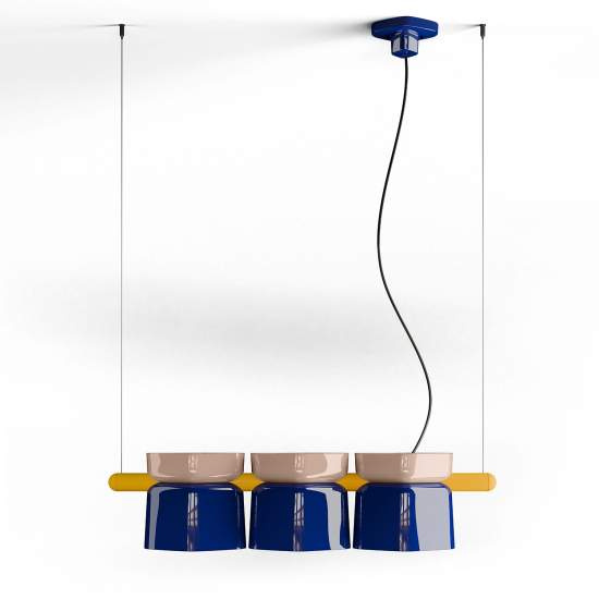 Lampadario Decò Yakitori Ceramica Grigio Sabbia Blu Metallo Giallo 3 Luci E27 C2790-GBR