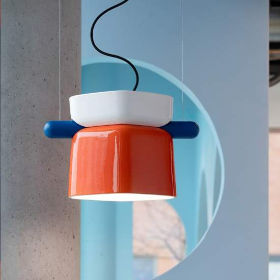 Sospensione Decò Yakitori Ceramica Bianco Arancio Volpe Metallo Blu 1 Luce E27 C2791-5AV