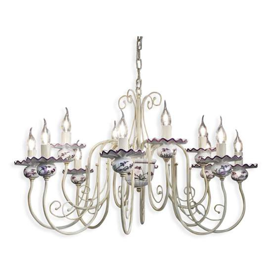 Lampadario Classico Sanremo Metallo E Ceramica Bianco Sfumato Oro 12 Luci E14 C410-12-BO-69-DEC-LAV