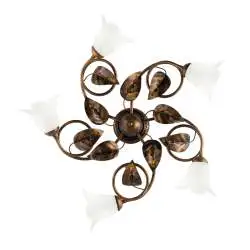 Plafoniera Classica 5 Luci con Foglie Ferro Battuto e Vetro Bronzo Serie Limone