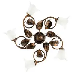 Plafoniera Classica 5 Luci con Foglie Ferro Battuto e Vetro Bronzo Serie Limone