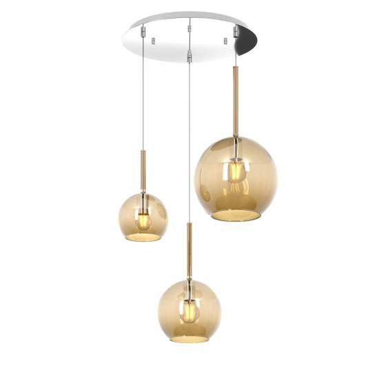 Sospensione Contemp. Rosone Tondo Future Metallo Cromo Vetro Ambra 3 Luci E27 1155CR_S3TMIX-AM