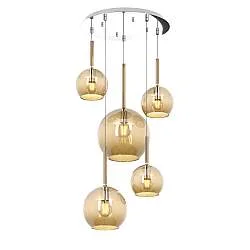 Lampadario Contemporaneo Future Metallo Cromo Vetro Mix Ambra 5 Luci E27