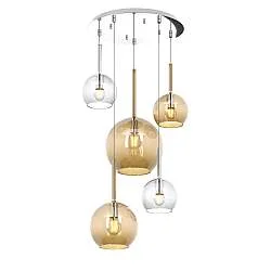 Lampadario Contemporaneo Future Metallo Cromo Vetro Mix Trasp-Ambra 5 Luci E27