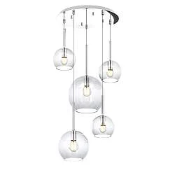 Lampadario Contemporaneo Future Metallo Cromo Vetro Mix Trasparente 5 Luci E27