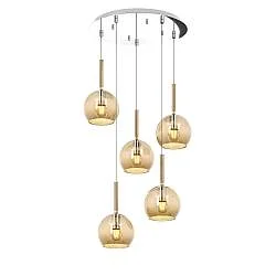 Lampadario Contemporaneo Future Metallo Cromo Vetro Ambra 5 Luci E27