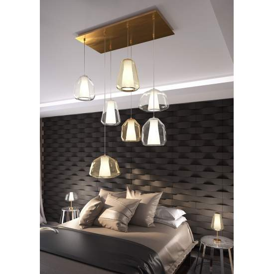 Lampadario Contemporaneo Double Skin Metallo Ottone Vetro Trasp-Ambra 7 Luci E27 1176OS_S7RABG-TA