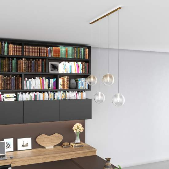 Lampadario Contemporaneo Eclipse Metallo Ottone Vetro Trasp-Ambra 4 Luci G9 1184OS_S4R-TA