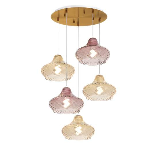 Lampadario Contemporaneo Dress Metallo Ottone Vetro Ambra-Ruggine 5 Luci E27 1191OS_S5TP-AR