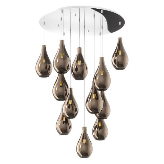 Lampadario Contemporaneo Drop 2.0 Metallo Cromo Vetro Bronzo 12 Luci E27 1193CR_S12TP-BR