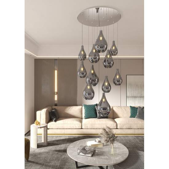 Lampadario Contemporaneo Drop 2.0 Metallo Cromo Vetro Fumè 12 Luci E27 1193CR_S12TP-FU
