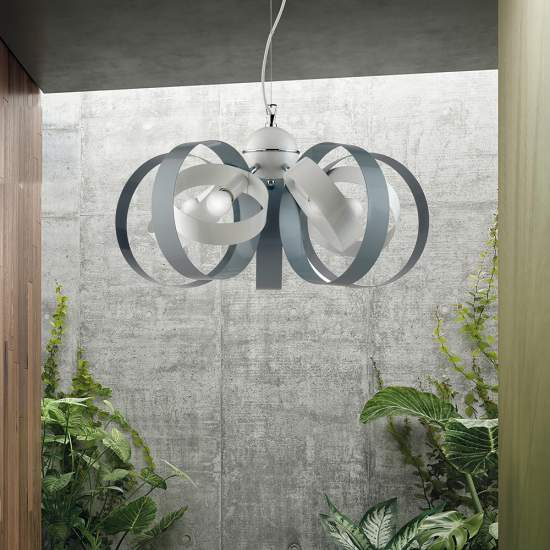 Lampadario Moderno 5 Luci Cerchi Ferro Bianco e Grigio Serie Bolla | Be Light