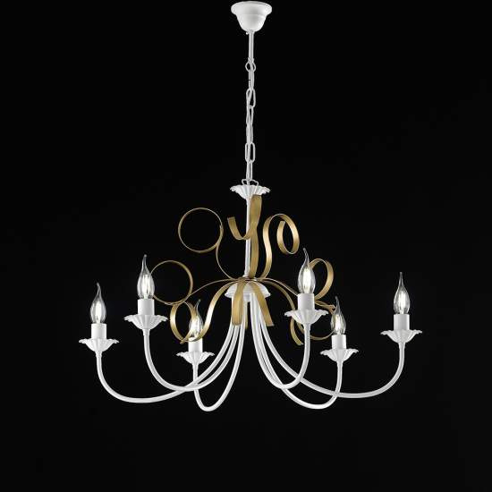 Lampadario Classico 6 Luci Ferro Battuto Bianco e Oro Serie Bandolo | Lampadari e Sospensioni | Luce Art Shop Lampadario Classico 6 Luci Ferro Battuto Bianco e Oro Serie Bandolo | Be Light