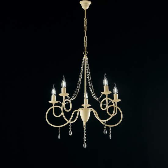 Lampadario Classico 5 Luci Ferro Decapé Avorio e Cristalli Serie Elegant | Be Light