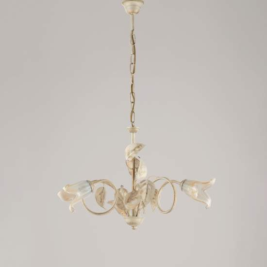 Lampadario Classico 3Luci Foglie in Ferro Battuto Vetro Avorio Oro Serie Limone | Be Light