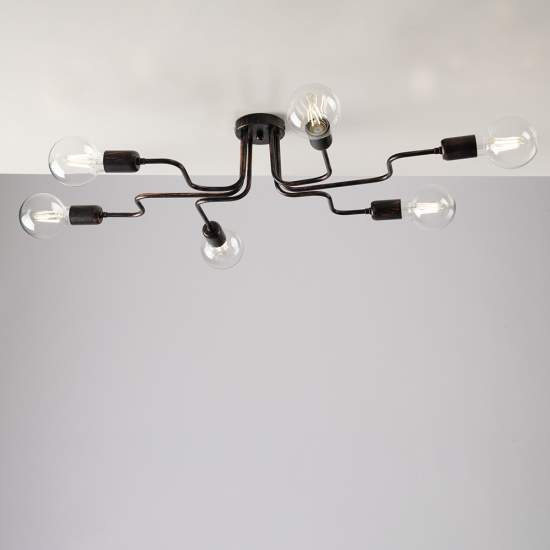 Plafoniera Industrial 6 Luci Ferro Nero e Rame Serie Loft | Be Light