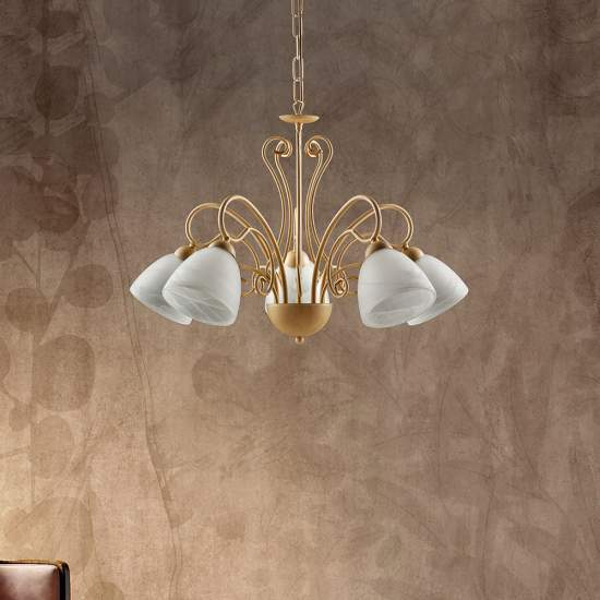 Lampadario Classico 5 Luci Ferro Avorio Decapé e Vetro Bianco Serie Antico | Be Light
