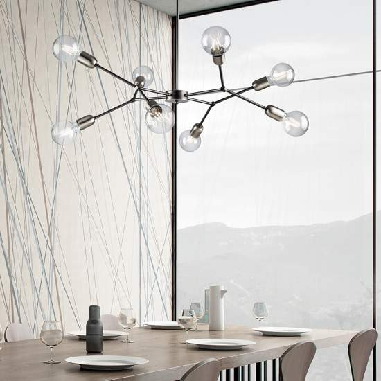 Sospensione Minimale 8 Luci Ferro Nero Satinato e Cromo Serie Hex | Be Light