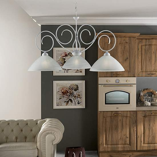 Lampadario Classico 3 Luci Ferro Battuto Bianco Shabby Vetro Bianco Serie Milly | Lampadari e Sospensioni | Luce Art Shop Lampadario Classico 3 Luci Ferro Battuto Bianco Shabby Vetro Bianco Serie Milly | Be Light