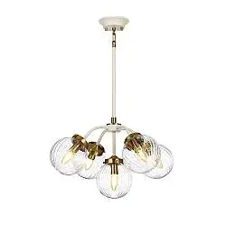 Lampadario Contemporaneo Cosmos Acciaio Crema Vetro Ottone 5 Luci E14